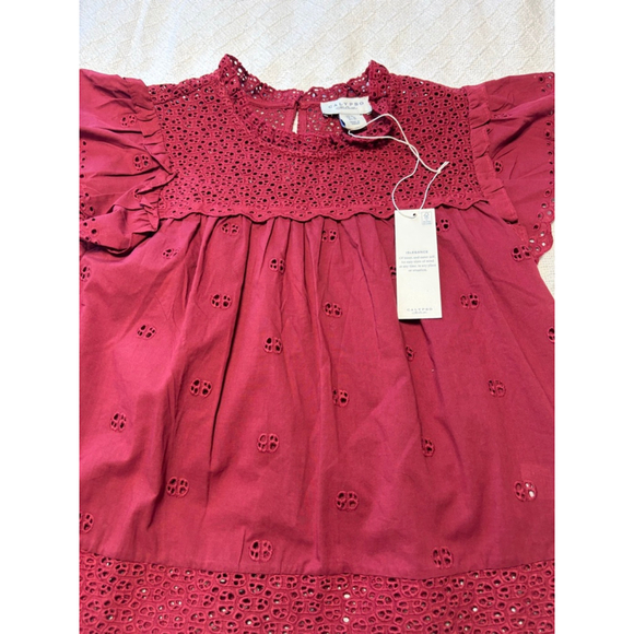 NWT Calypso St Barth Eyelet Embroidered Blouse Ruffle Sleeve Burgundy Size Med - Picture 2 of 4